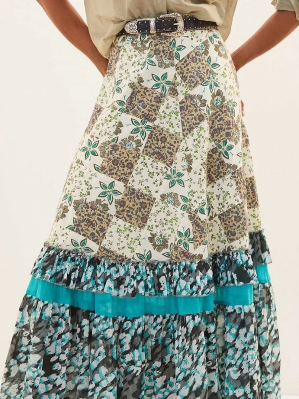 RAGA Anthropologie White Maxi Skirt with Teal Band and Brown Patchwork XL